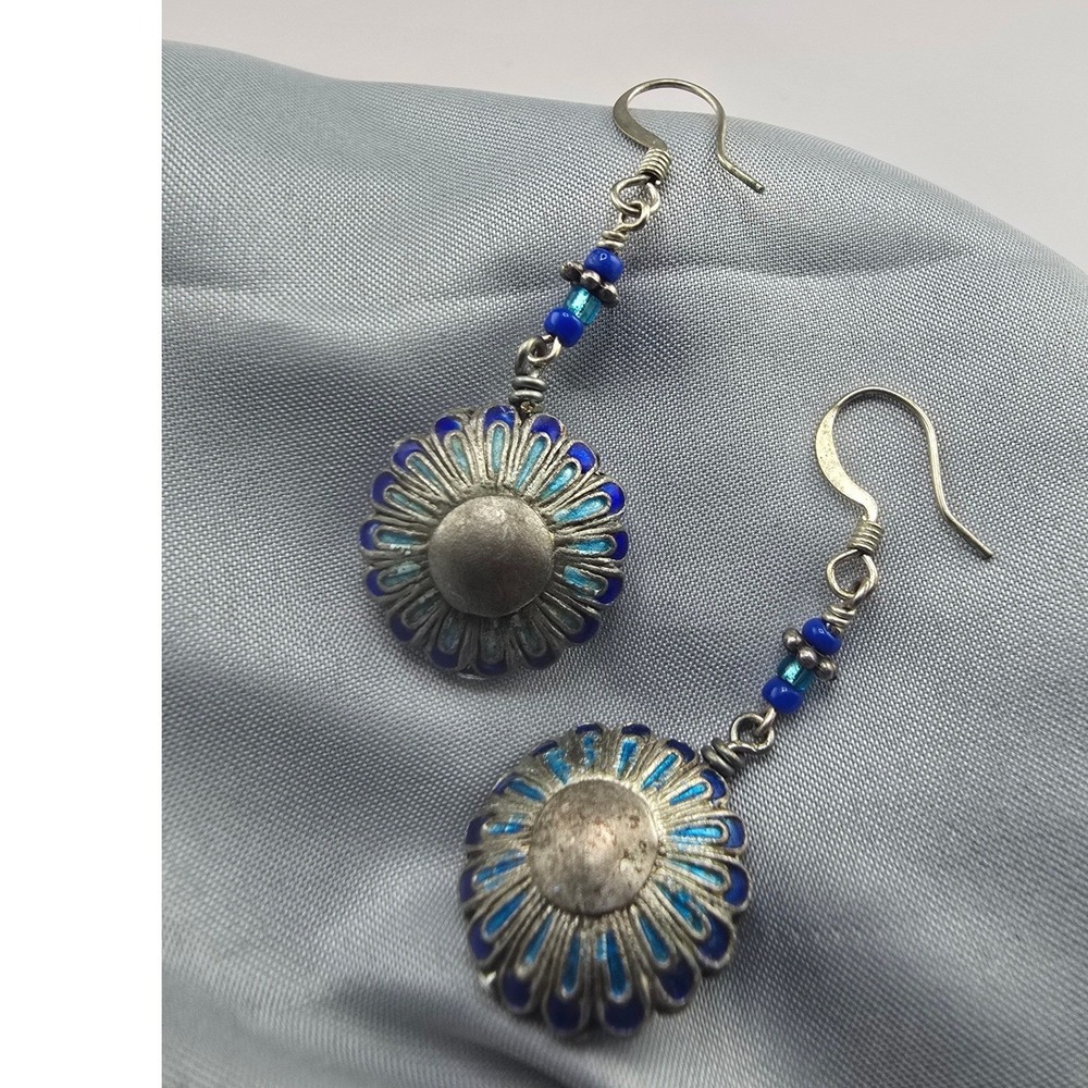 Vintage Estate Drop Earrings Blue Enamel Floral Sunburst Beaded Dangle 1.75"